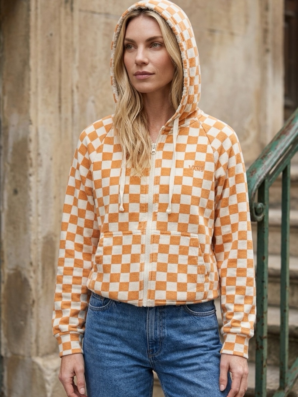Vans Cream & Orange Checkerboard Zip Hoodie - Size Small
